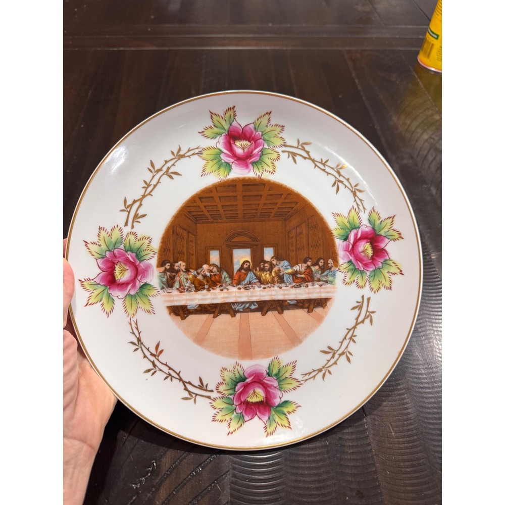Vintage Last Supper Porcelain Collector Plate Floral Gold Trim Made in Japan